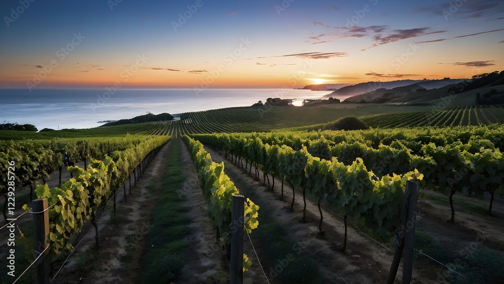 Fototapeta premium AI generated panoramic view of a coastal vineyard with ocean in the background in ambient light