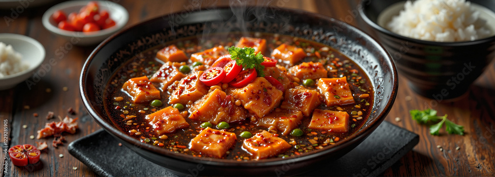 Delicious bowl of spicy tofu stew with rich colors, culinary delight Delicious bowl of spicy tofu stew with rich colors, culinary delight