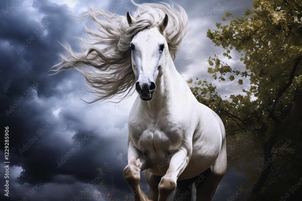 Rearing white horse in thicket, AI generated Rearing white horse in thicket, AI generated