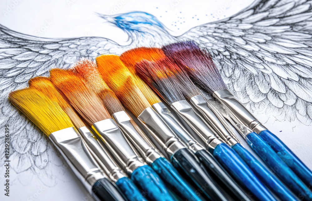 Obraz premium Colorful Paintbrushes with Vibrant Wing Artwork on White Background