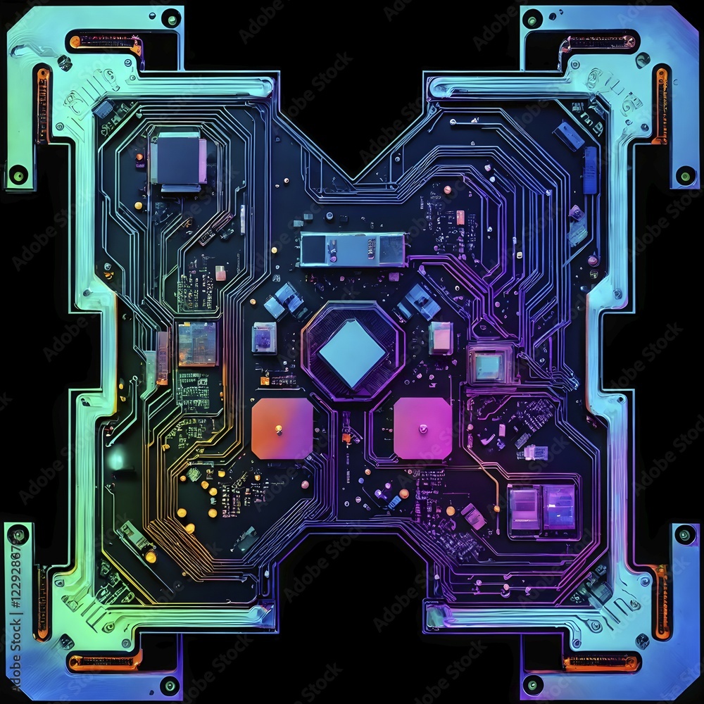 Fototapeta premium Birds eye view of a circuit board in vivid colored paths and connections, AI generated