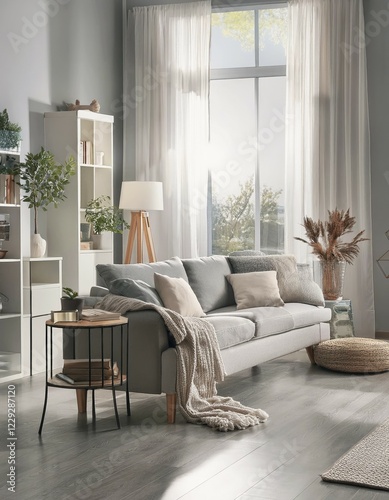 Modern room, beautiful white and grey interior design combination. Contemporary living room stylish interior. AI generated