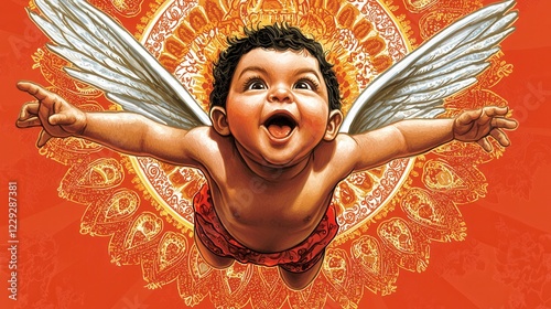 Joyful Baby Angel With Wings Soaring Against Vibrant Orange Mandala photo