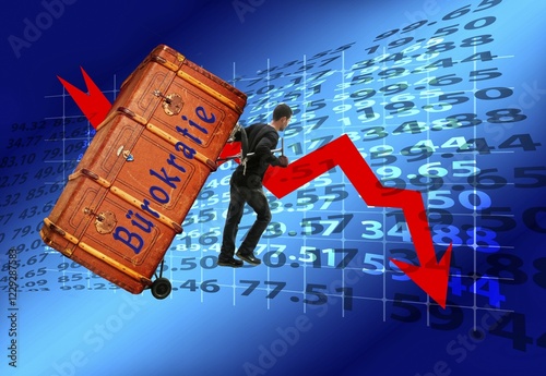 Symbolic image, stock market valuation, German bureaucracy, EU bureaucracy, inefficiently cumbersome, expensive investment approval procedures, complicated laws, digitisation of administration, tangled paths, outdated procedures, dusty authorities, business-to-government market, old-style offices, antiquated filing cabinets, analogue printouts, paper chaos, obsolete IT systems, future fields of data processing, affected military, economy, trade, financial world, Brussels, Germany digitally backward photo