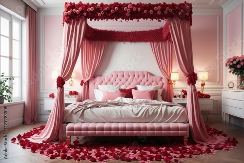 A comfortable bedroom with a canopied bed and pink curtains featuring elegant furniture and soft lighting