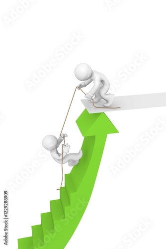 Two 3d man climbing a green upswing arrow, helpfulness concept photo