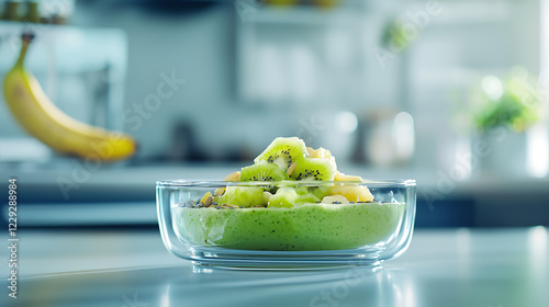 glass bowl filled with a green smoothie topped with sliced kiwi and banana A blurred kitchen background suggests a healthy breakfast preparation photo