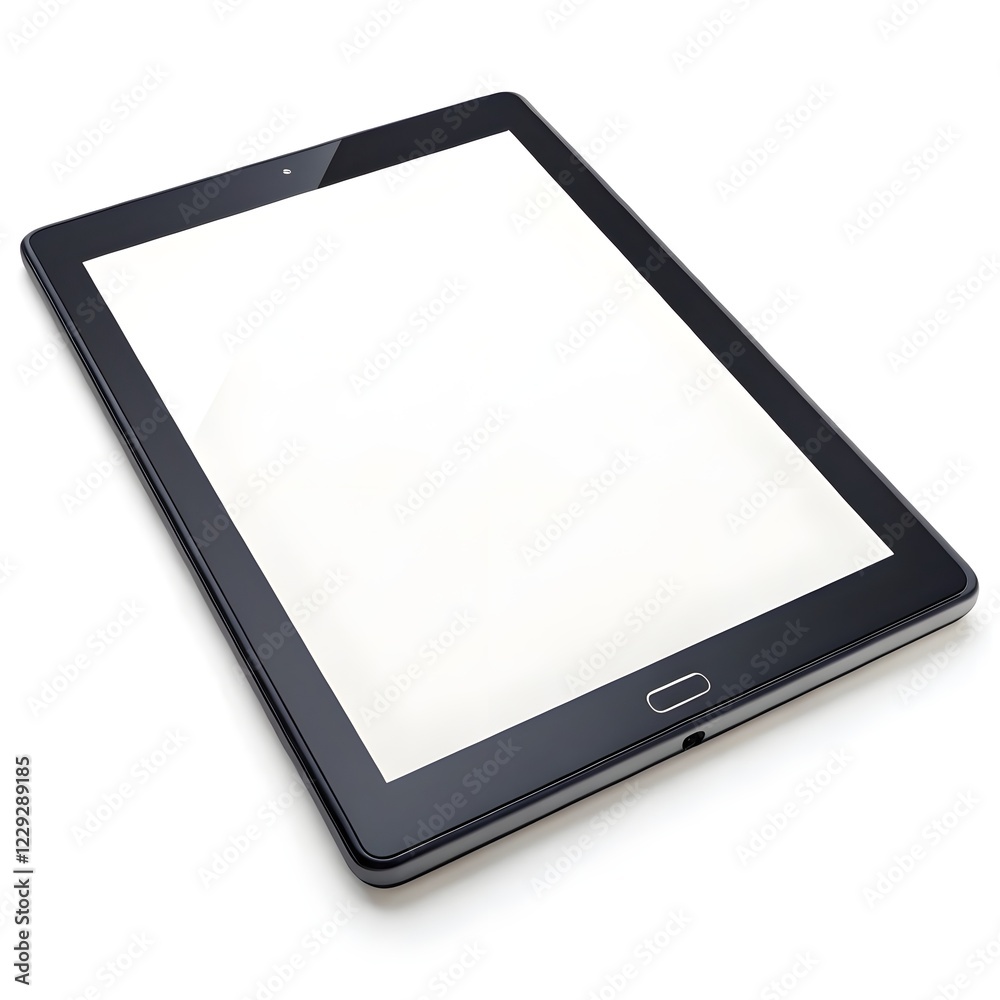 High-angle, full shot of a black tablet computer, flat lay, minimalist design. Rectangular, matte black tablet with a blank, bright white screen. Sleek, modern design, smooth edges and corners. High-angle, full shot of a black tablet computer, flat lay, minimalist design. Rectangular, matte black tablet with a blank, bright white screen. Sleek, modern design, smooth edges and corners.
