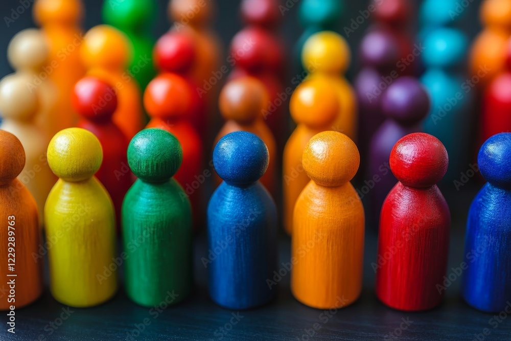 a row of colorful wooden figurines standing together in a vibrant display of diversity a row of colorful wooden figurines standing together in a vibrant display of diversity