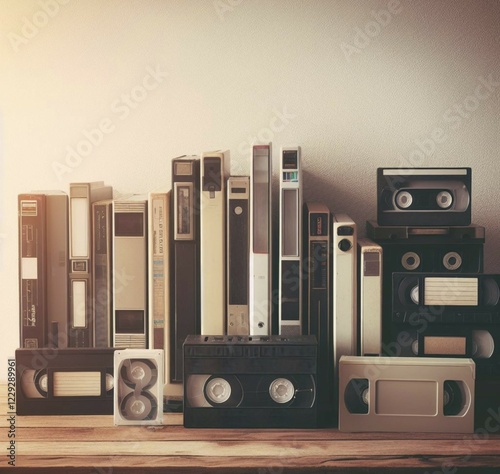 Recorded Cassette tape, reels, film, disc, vinyl and other audio video formats of the past, hifi and tv equipment, layflat knolling vintage retro illustration ai generated art, AI generiert photo