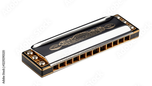 Harmonica close-up metallic black gold musical instrument isolated transparent background cutout