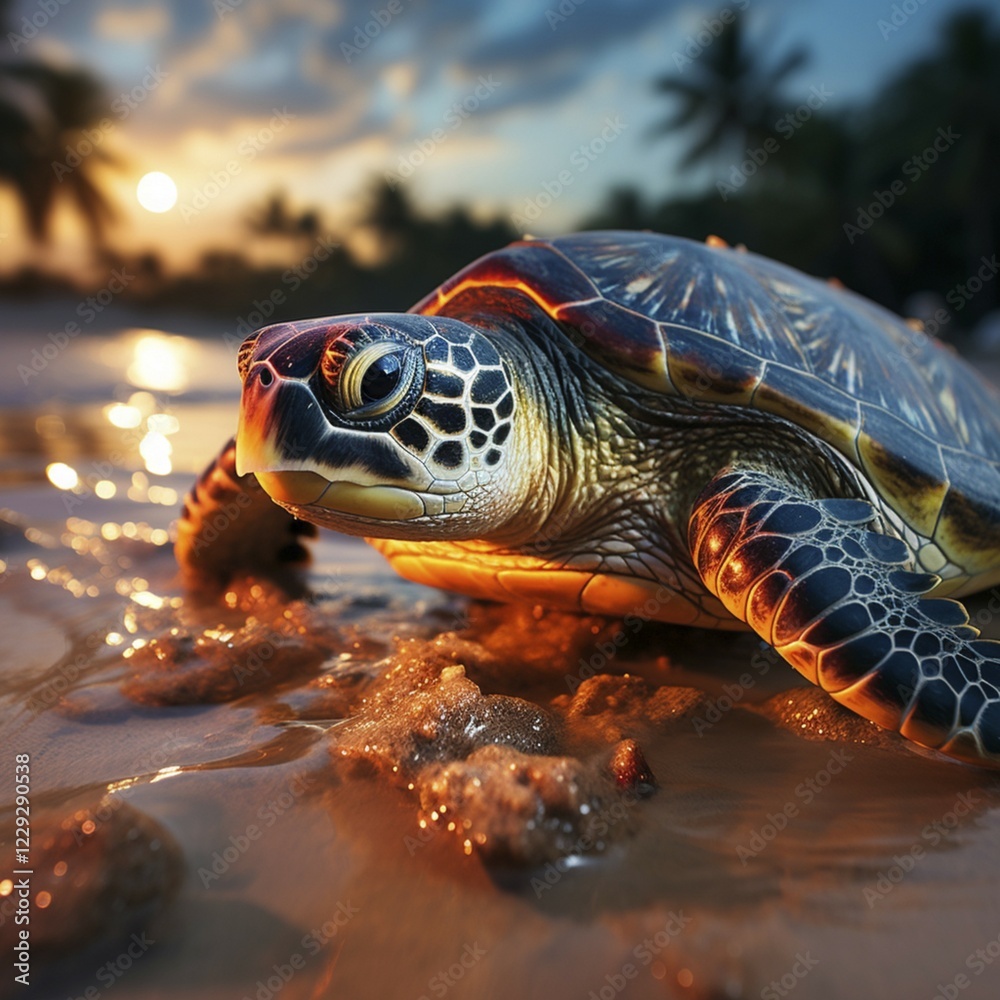 Sea turtle crawls onto a lonely beach, ai generated Sea turtle crawls onto a lonely beach, ai generated