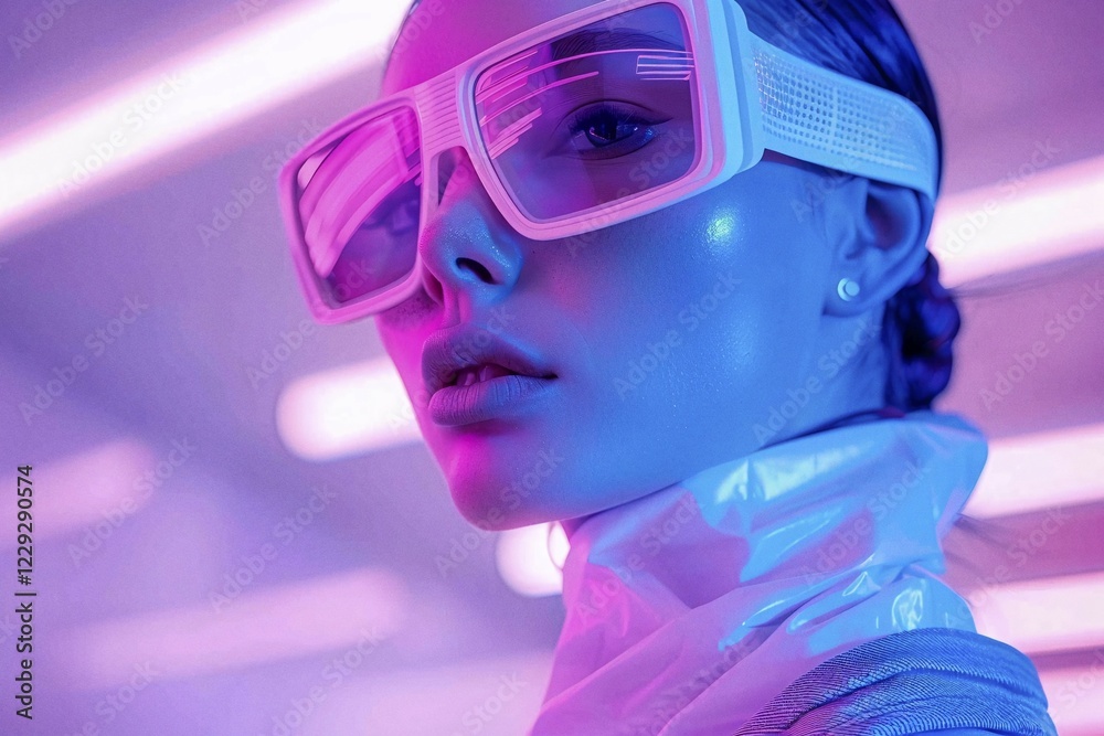 Woman in futuristic attire with sci-fi inspired eyewear in a blue neon environment, AI generated Woman in futuristic attire with sci-fi inspired eyewear in a blue neon environment, AI generated