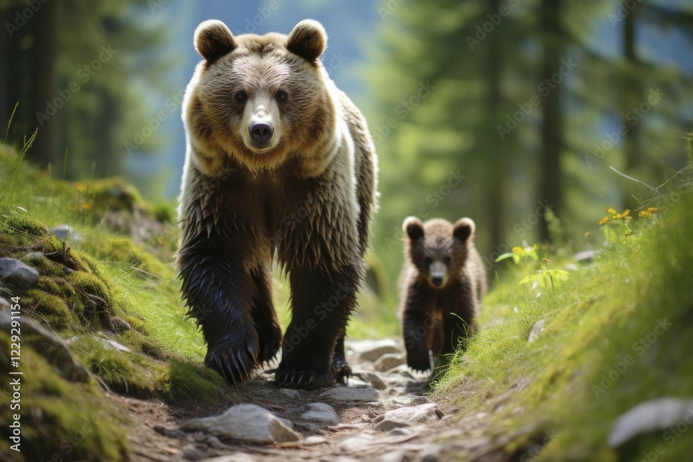 Bear with cubs on a hiking trail in the mountains, AI generated Bear with cubs on a hiking trail in the mountains, AI generated