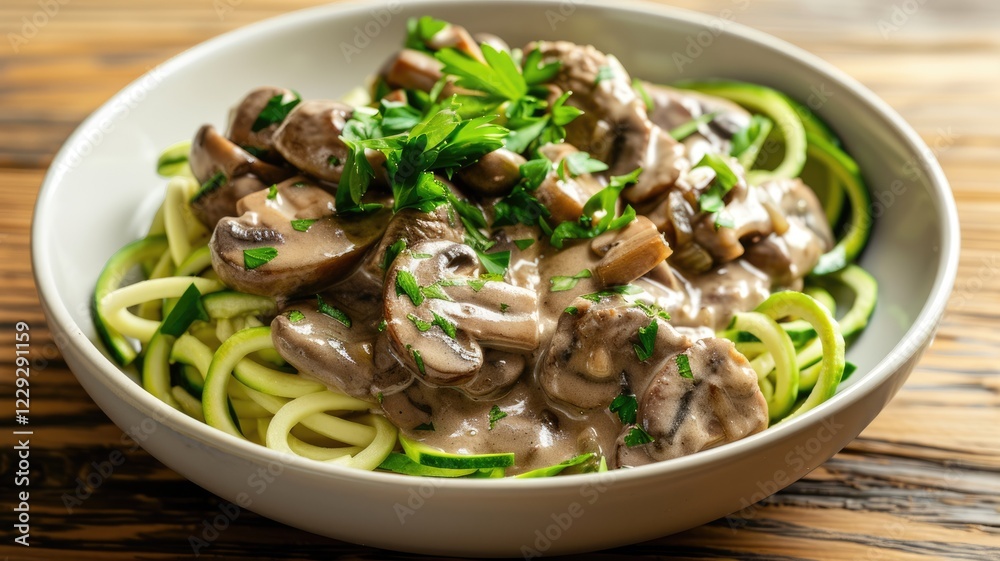 Bowl of creamy mushroom pasta garnished with parsley. Food photography of mushroom with sauce and green onion. Food and culinary concept for print and banner. Tasty and healthy food design. AIG53. Bowl of creamy mushroom pasta garnished with parsley. Food photography of mushroom with sauce and green onion. Food and culinary concept for print and banner. Tasty and healthy food design. AIG53.
