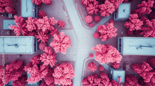 A bird's eye view image where the trees are painted in rich pink shades, and the buildings and roads look cold and sterile. A sense of unreality. photo