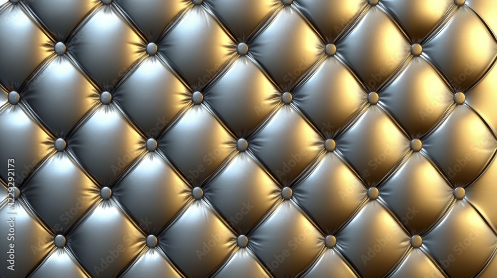 Seamless diamond grid pattern with metallic gradient, alternating silver and gold quilted texture, diagonal light reflections, premium geometric surface design, ultra-realistic material rendering, Seamless diamond grid pattern with metallic gradient, alternating silver and gold quilted texture, diagonal light reflections, premium geometric surface design, ultra-realistic material rendering,