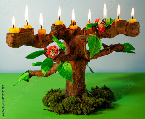 Handmade menorah designed in the shape of a tree, symbolizing the Tu BiShvat holiday, also known as the Jewish New Year for Trees photo