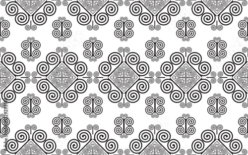 Vector illustration of Hmong ethnic pattern. Heart and spiral pattern combined. Black and white pattern. Use for printing fabric, clothing, wallpaper, background.
