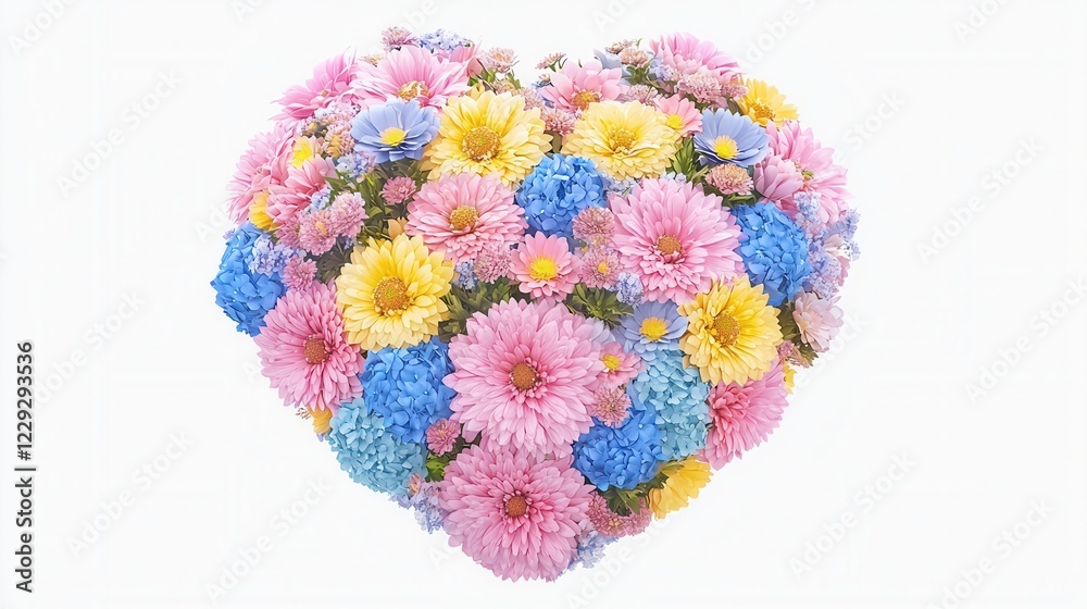 Pastel Pink, Yellow, Blue Flower Heart Arrangement On White Pastel Pink, Yellow, Blue Flower Heart Arrangement On White