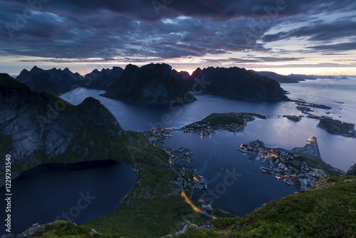 View from Reinebringen, Reinebriggen, 442m, towards Hamnoy, Reine and Reinefjord with mountains, Moskenes, Moskenesøy, Lofoten, Norway, Europe photo