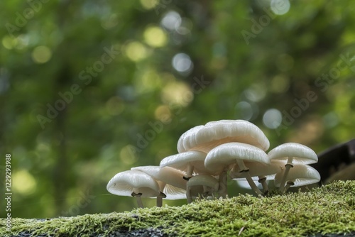 Porcelain fungi (Oudemansiella mucida) on moss-covered deadwood, Hesse, Germany, Europe