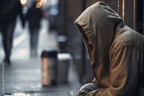 Homeless beggar in hoow in street. KI generiert, generiert AI generated