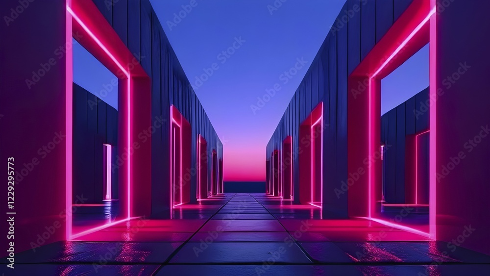 Windows aligned within an elongated tunnel permeated with gradients of blue and magenta hues, AI generated Windows aligned within an elongated tunnel permeated with gradients of blue and magenta hues, AI generated