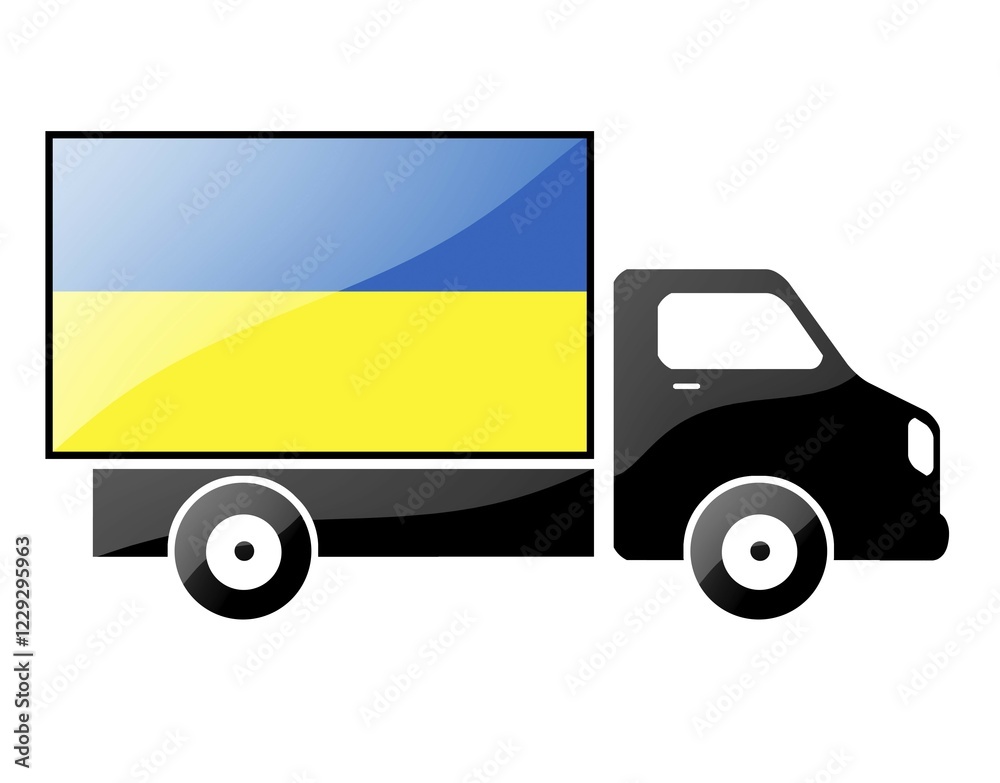 The Ukrainian flag painted on the silhouette of a truck. glossy illustration The Ukrainian flag painted on the silhouette of a truck. glossy illustration
