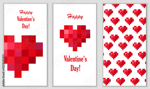 Valentine's Day Postcards, Banners, cover design. Greeting background with pixel red hearts 