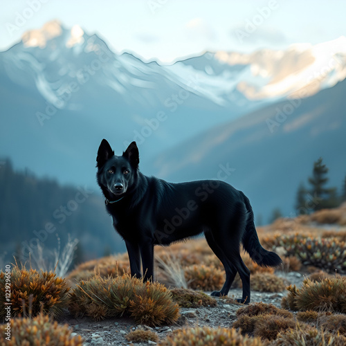 Black Mised Breed Dog In Wild Mountainous Place photo