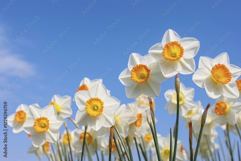 Fototapeta premium White Daffodil flowers in front of clear blue sky. KI generiert, generiert AI generated