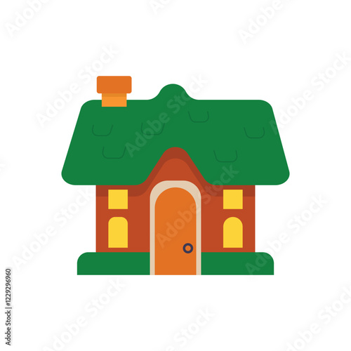Cottage with Green Roof and Chimney. Small cozy beer pub with roof, door and chimney, resembling a fairy tale leprechaun house