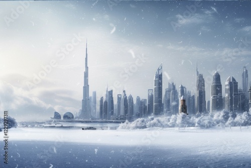 Winter onset with snowstorm in Dubai, skyline skyscrapers, AI generated
