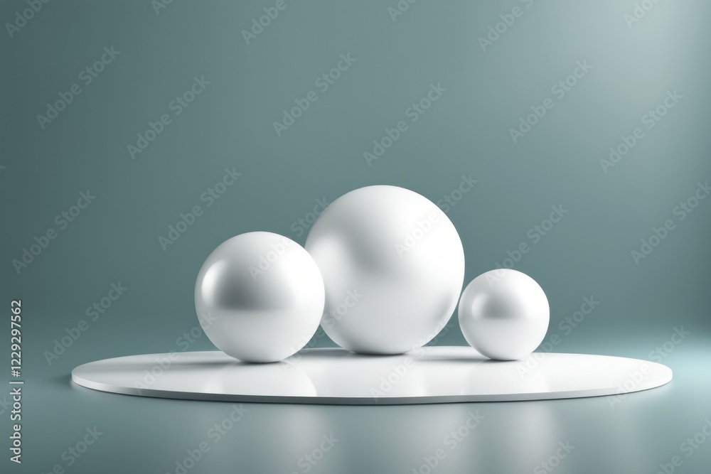 Three white reflective spheres positioned in a minimalist, modern style against a teal background in an abstract setting, AI generated Three white reflective spheres positioned in a minimalist, modern style against a teal background in an abstract setting, AI generated
