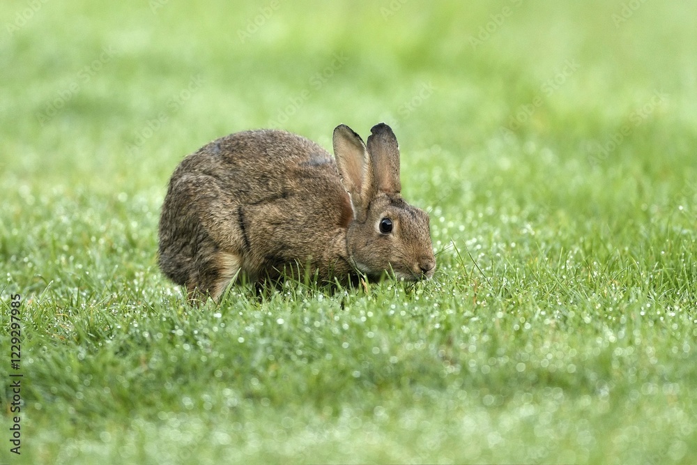 Fototapeta premium European rabbit (Oryctolagus cuniculus) in wet meadow, Lower Rhine, North Rhine-Westphalia, Germany, Europe