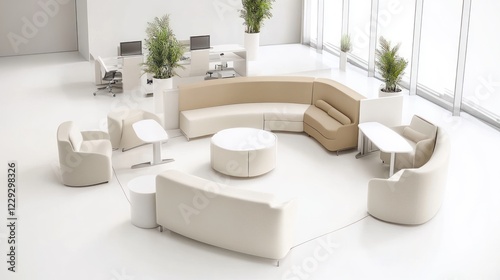 Modern Office Lounge Area with White and Beige Furniture and Potted Plants for Relaxation and Work