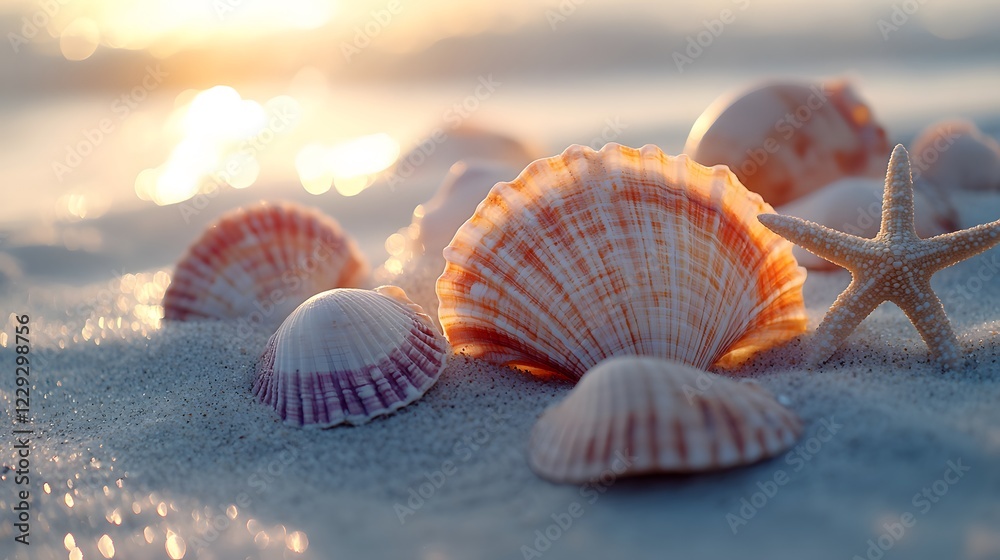Scattered colorful scallop shells and starfish spread across pristine white sand. Soft sunlight illuminates natural textures of ocean treasures in macro beach photography. Scattered colorful scallop shells and starfish spread across pristine white sand. Soft sunlight illuminates natural textures of ocean treasures in macro beach photography.