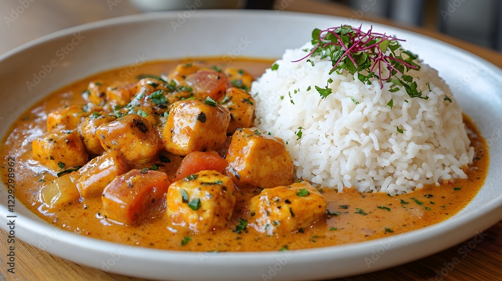Tender chicken chunks in rich orange curry sauce rest on fluffy white jasmine rice. Fresh cilantro garnish adorns white ceramic plate in appetizing food photography presentation. Tender chicken chunks in rich orange curry sauce rest on fluffy white jasmine rice. Fresh cilantro garnish adorns white ceramic plate in appetizing food photography presentation.