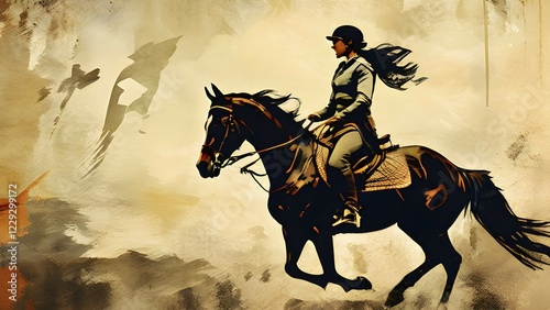 Vintage grungy poster of an equestrian riding a horse, AI generated