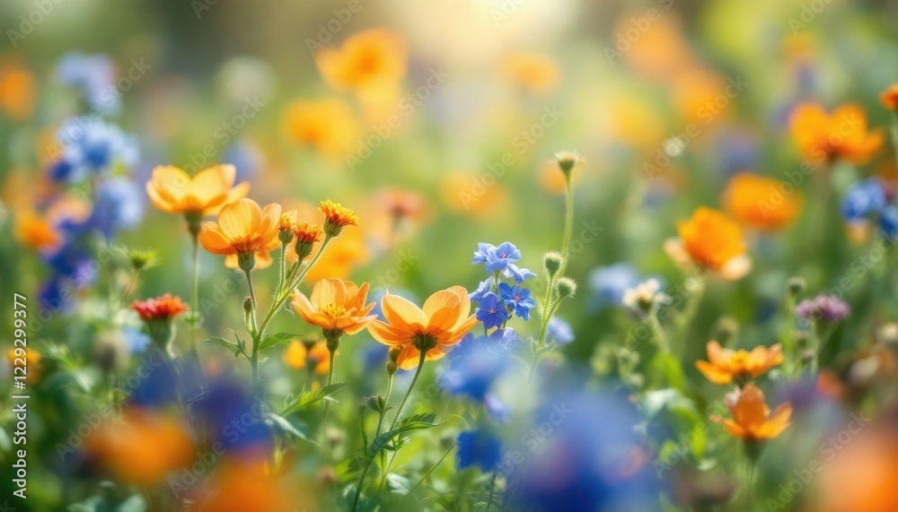 Obraz premium Wildflowers in a sunny field with blue sky and green foliage.