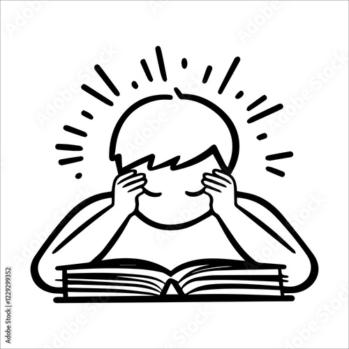 Line art of stressed person holding head over an open book