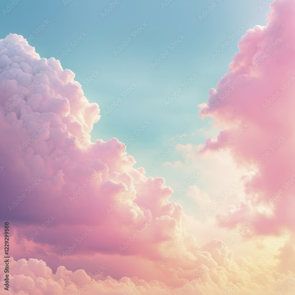 Serene image of the sky with pink and white fluffy clouds against a blue background, creating a dreamy and calm feeling, AI generated Serene image of the sky with pink and white fluffy clouds against a blue background, creating a dreamy and calm feeling, AI generated