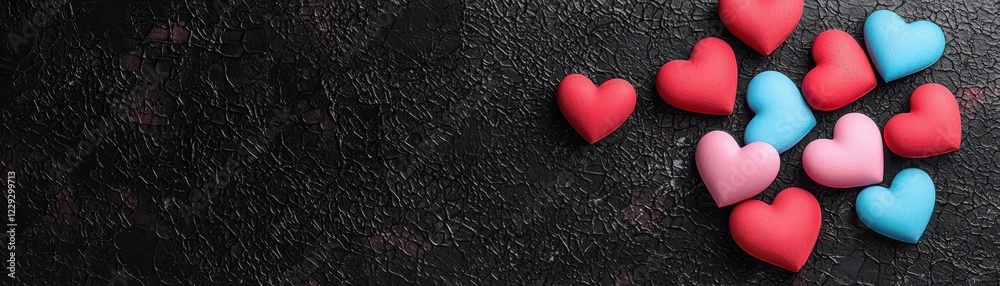 Obraz premium Colorful Hearts in Pink, Red, and Blue Arranged in Heart Shape on a Dark Background