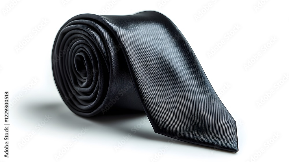 Elegant black silk necktie with collar displayed on pure white background. Minimalist business attire photography captures soft shadows and crisp details of luxury fashion accessory.