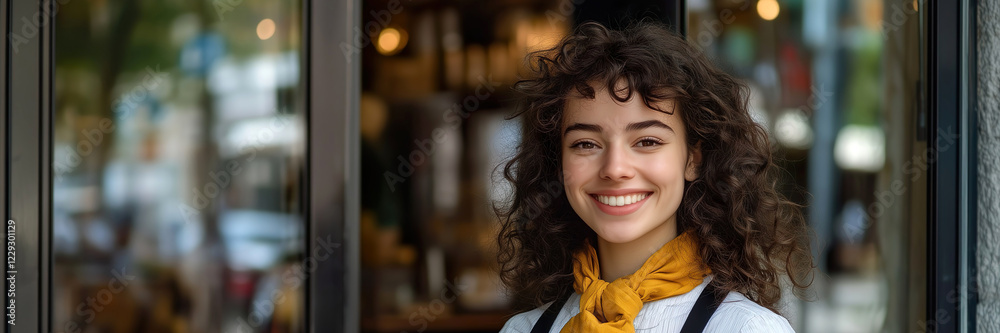Smiling young woman hotel staff member with curly hair and yellow scarf standing at the entrance of a European hospitality establishment. Front view Smiling young woman hotel staff member with curly hair and yellow scarf standing at the entrance of a European hospitality establishment. Front view