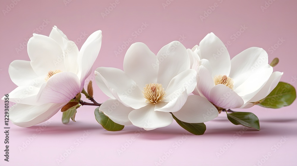 Elegant white magnolia flowers arranged on right side against light purple pastel background. Minimalist composition showcases delicate petals and green leaves in soft natural lighting. Elegant white magnolia flowers arranged on right side against light purple pastel background. Minimalist composition showcases delicate petals and green leaves in soft natural lighting.