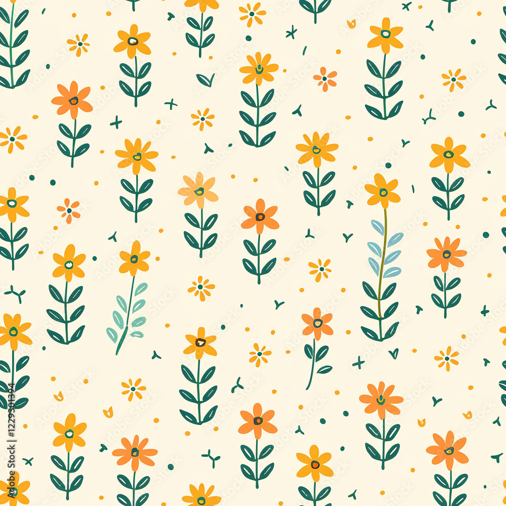Obraz premium Hand-drawn floral pattern with small stylized flowers on cream background