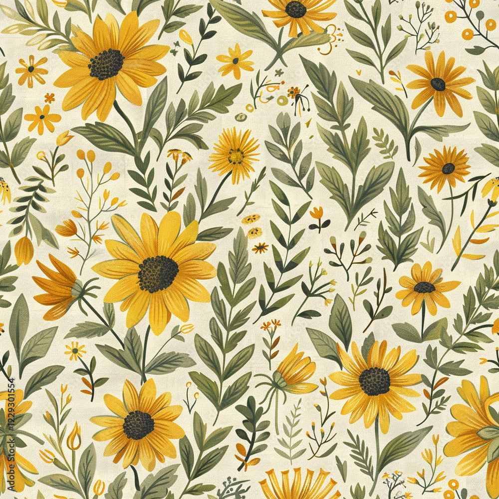 Delicate floral pattern with white flowers and green leaves on beige background Delicate floral pattern with white flowers and green leaves on beige background