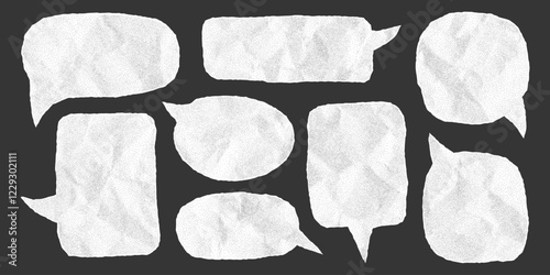Set of speech bubbles made of crumpled paper, isolated template for banner. Dialogue balloons with dotted gritty texture, halftone effect, notebook sheet with jagged torn edges.